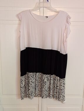 Colorblock Dalmatian Print Swing Dress - White, Black, Cream Size 12